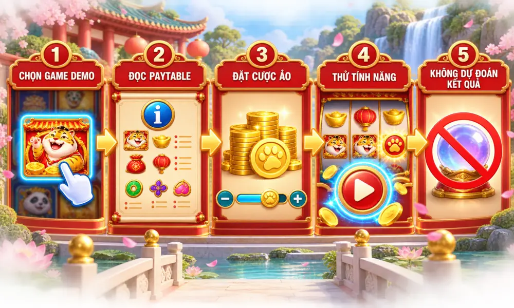 Năm bước sử dụng Slot Demo gồm chọn game, đọc Paytable, đặt cược ảo, thử tính năng và không dự đoán kết quả