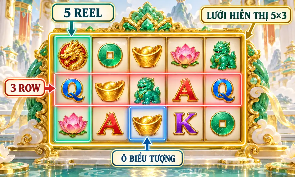Cấu trúc lưới slot gồm 5 reel, 3 row và các ô biểu tượng
