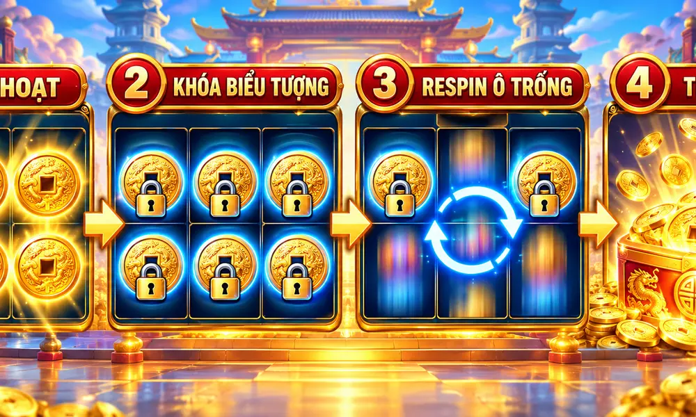 Bốn bước hoạt động của Hold And Win gồm kích hoạt, khóa biểu tượng, Respin ô trống và tính thưởng