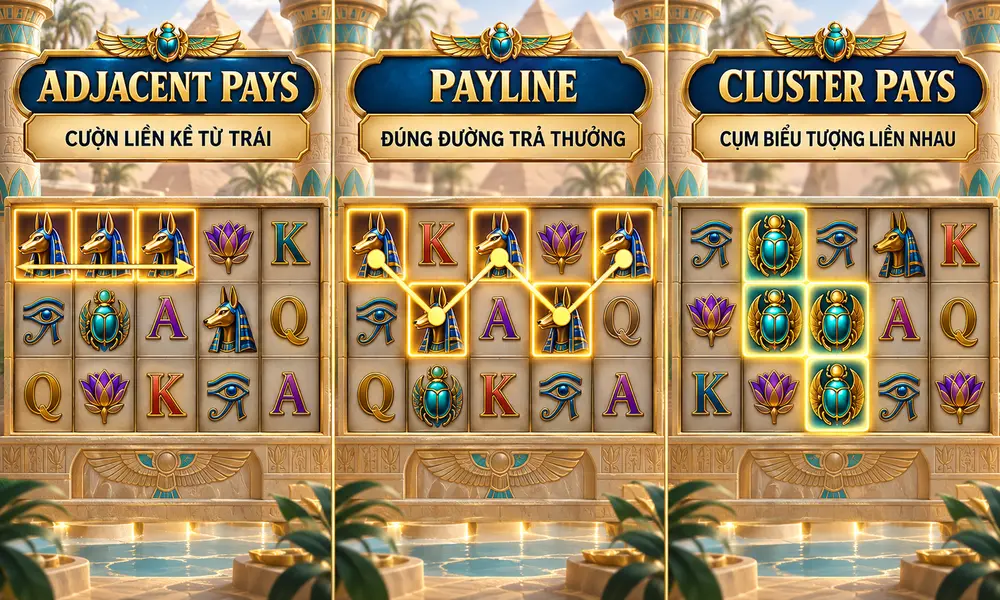 So sánh Adjacent Pays, Payline và Cluster Pays